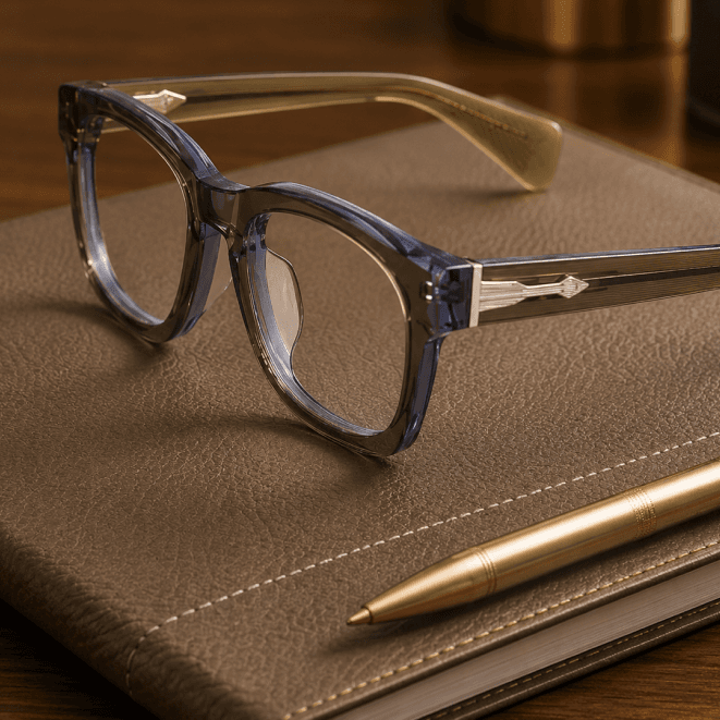 Clear acetate eyeglasses resting on a leather notebook