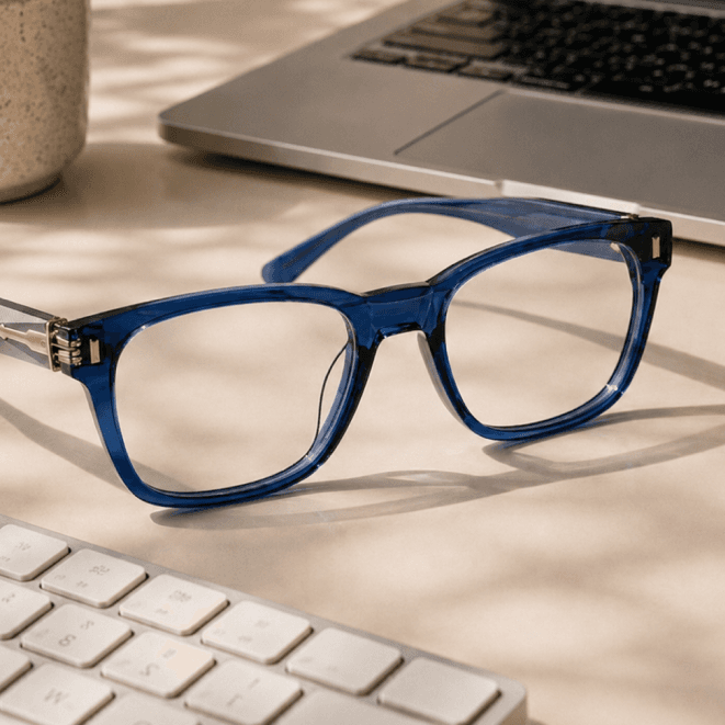 Blue light filtering eyeglasses next to a laptop and keyboard