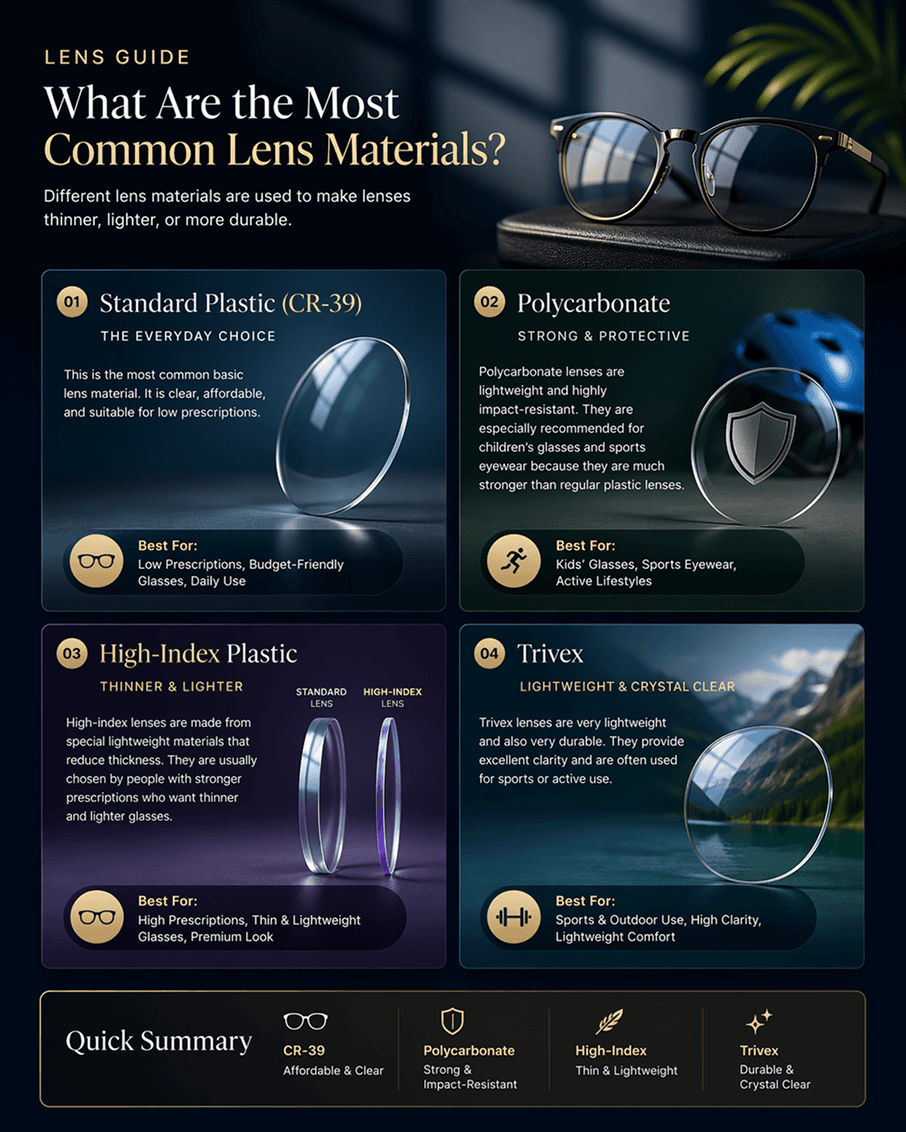 Comparison of lens materials: Standard Plastic CR-39, Polycarbonate, High-Index, and Trivex