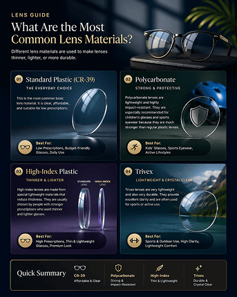 Comparison of lens materials: Standard Plastic CR-39, Polycarbonate, High-Index, and Trivex