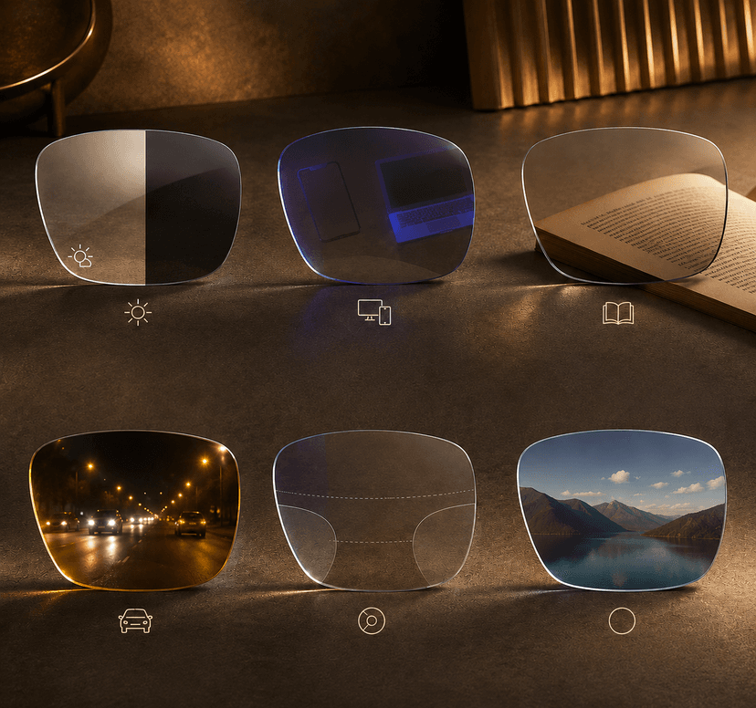 Collection of different eyeglass lens types and materials arranged on modern display