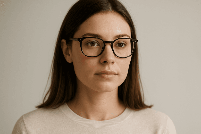 Person trying on different eyeglass frames while looking in mirror to determine best face shape match