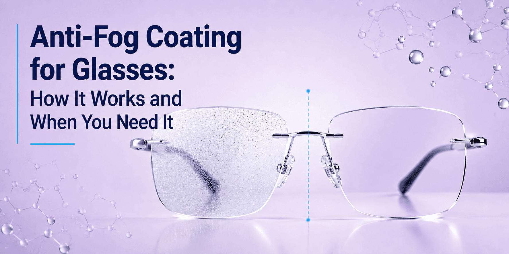 Close-up of clear eyeglass lenses with anti-fog coating, free of mist, held against a blurred indoor background