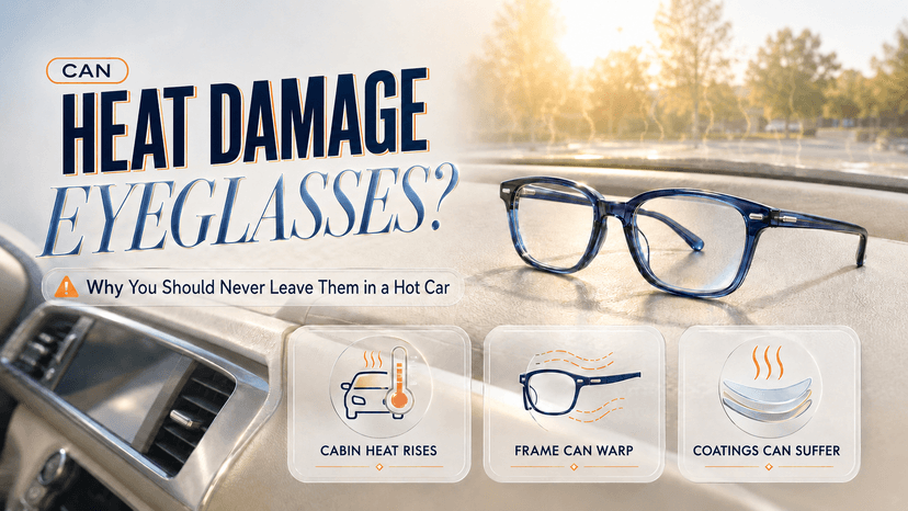 Eyeglasses left on a hot car dashboard in summer sunlight showing heat damage risk