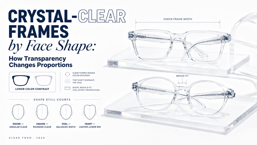 Assorted crystal-clear eyeglass frames arranged by face shape guide on a white background