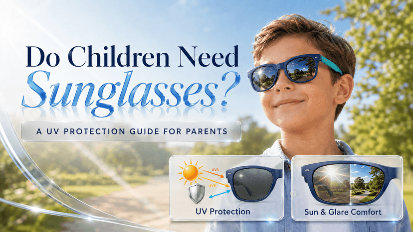 Young child wearing UV400 polycarbonate sunglasses outdoors on a sunny day in India