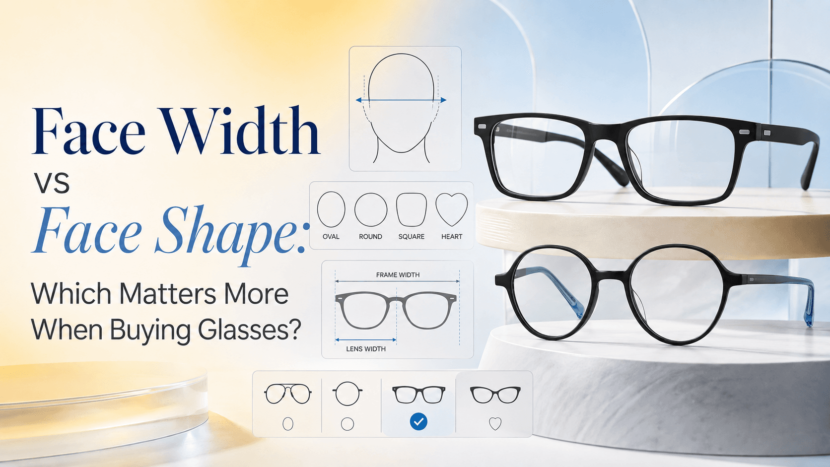 Person measuring face width with a tape measure beside a selection of eyeglass frames in different sizes