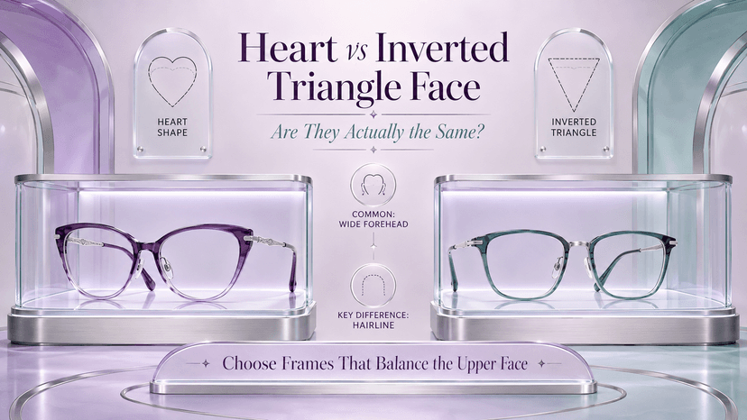 Side-by-side illustration of heart and inverted triangle face shapes with frame recommendations