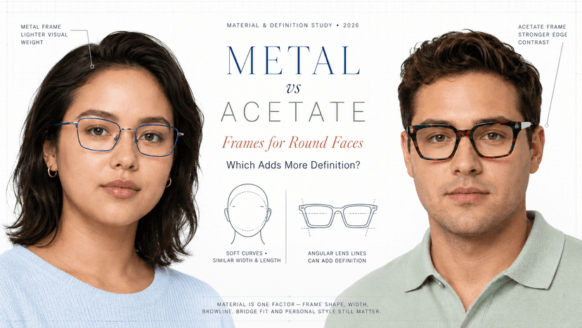 Side-by-side comparison of metal and acetate eyeglass frames on a round face shape