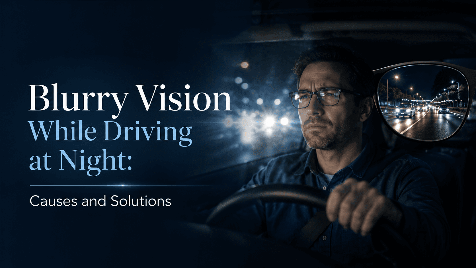 Driver experiencing blurry vision and headlight glare on a dark Indian highway at night