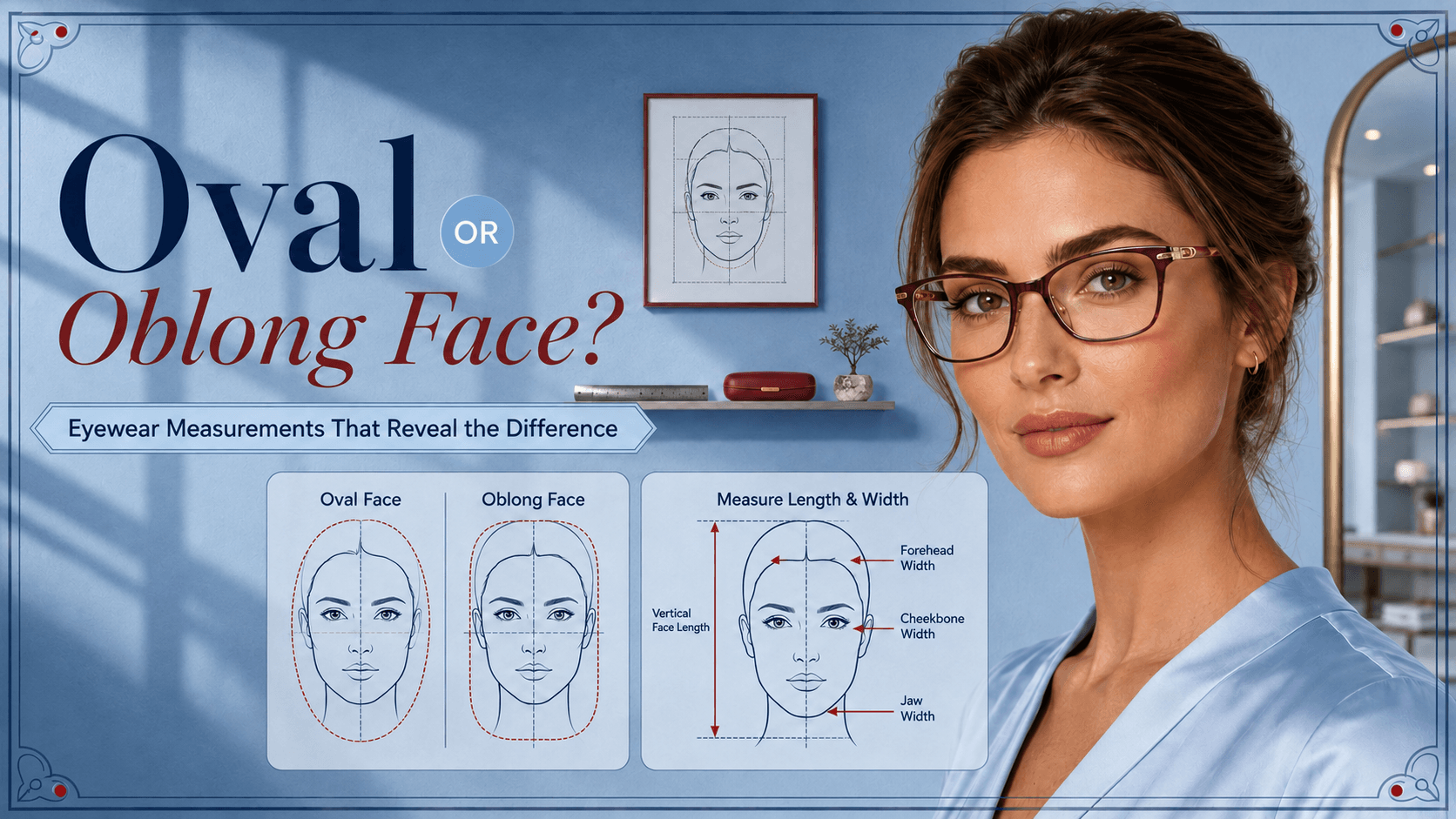 Side-by-side illustration of oval and oblong face shapes with eyeglass frame overlays showing ideal fits