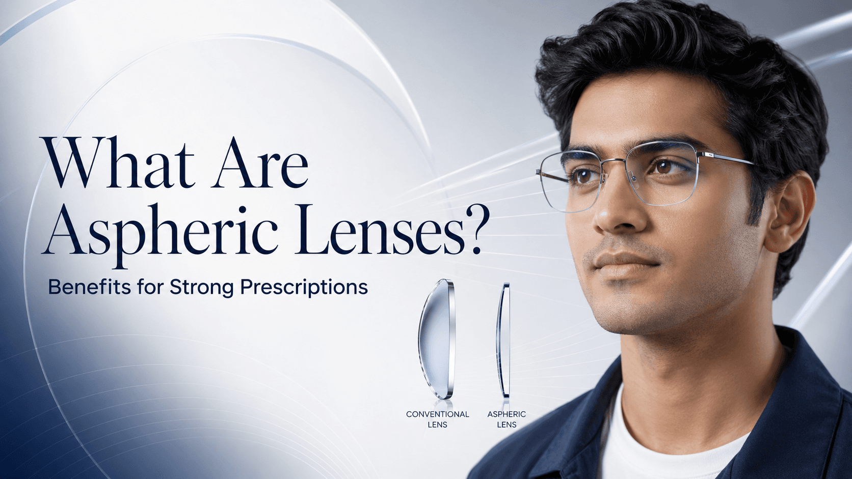 Close-up comparison of a thin aspheric lens and a thicker spherical lens held side by side in an optical shop