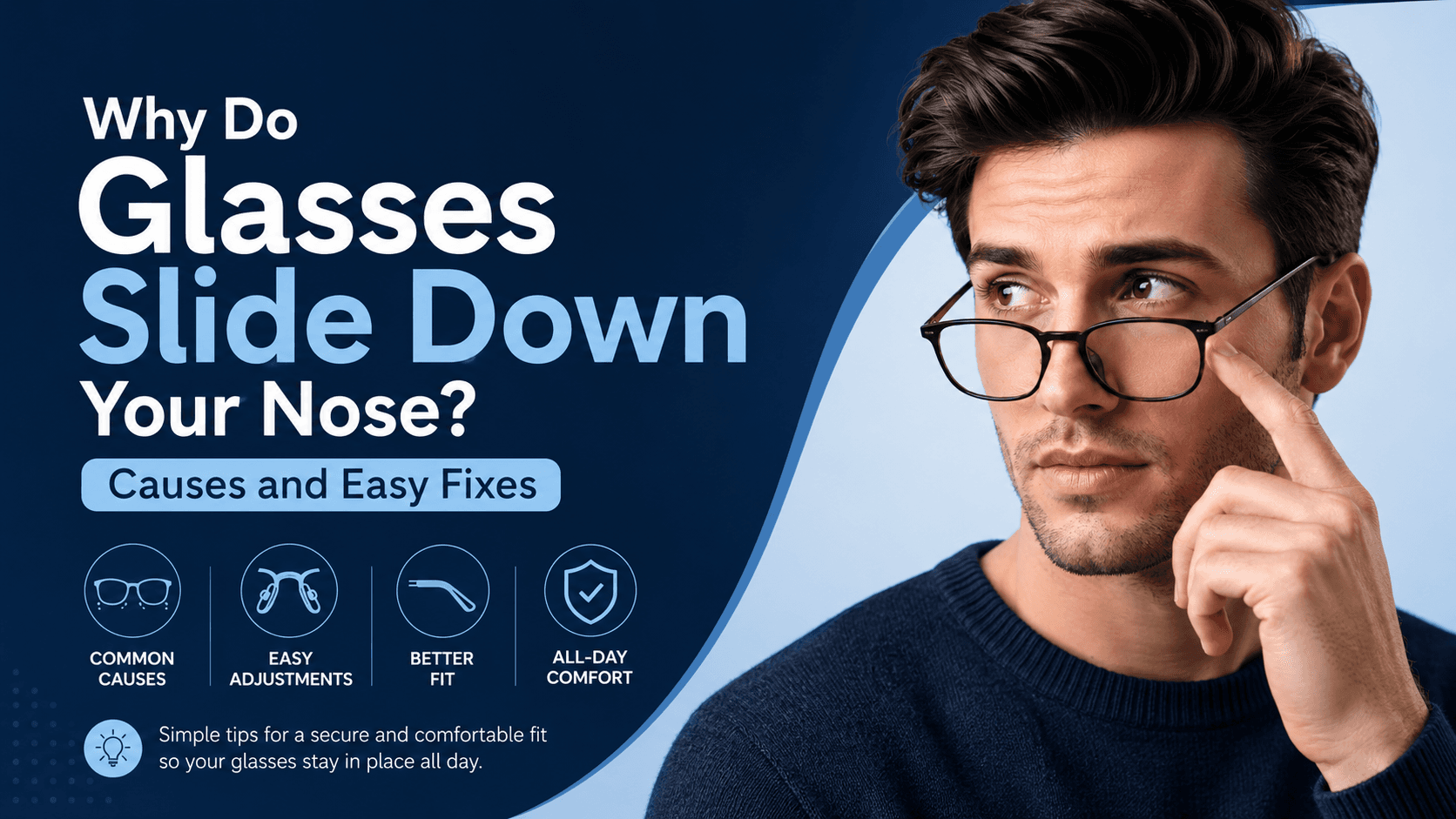 Person pushing sliding glasses back up nose — illustration of common eyewear fit problem