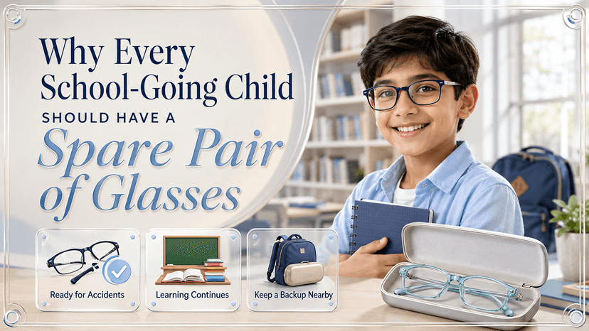 A school-going child wearing glasses with a spare pair in a hard case beside a school bag
