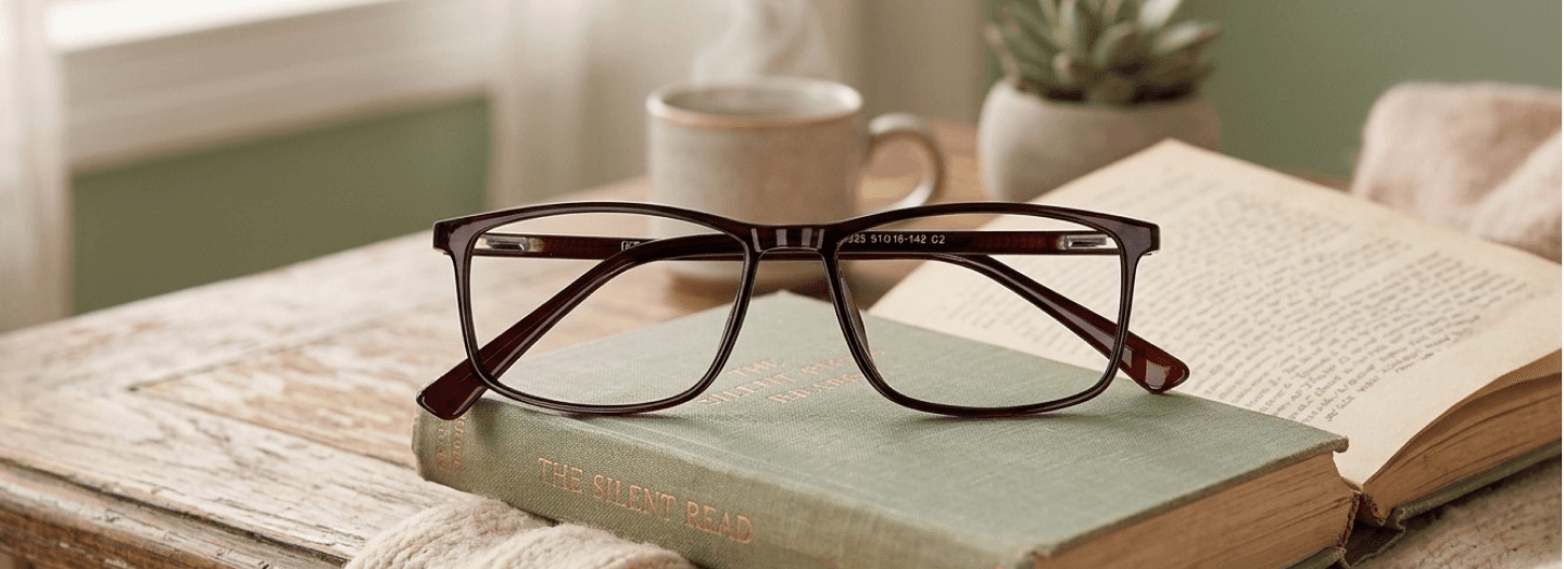 Reading glasses on an open book
