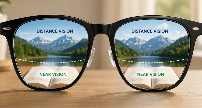 Bifocal lens showing two zones