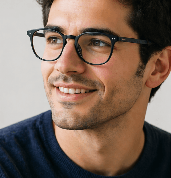 Person wearing single vision eyeglasses