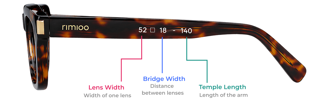 Diagram showing lens width, bridge width, and temple length on a frame