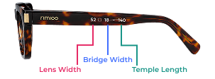 Diagram showing lens width, bridge width, and temple length on a frame