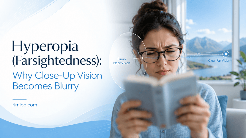 Close-up illustration of a hyperopic eye showing light focusing behind the retina, with prescription eyeglasses in the foreground