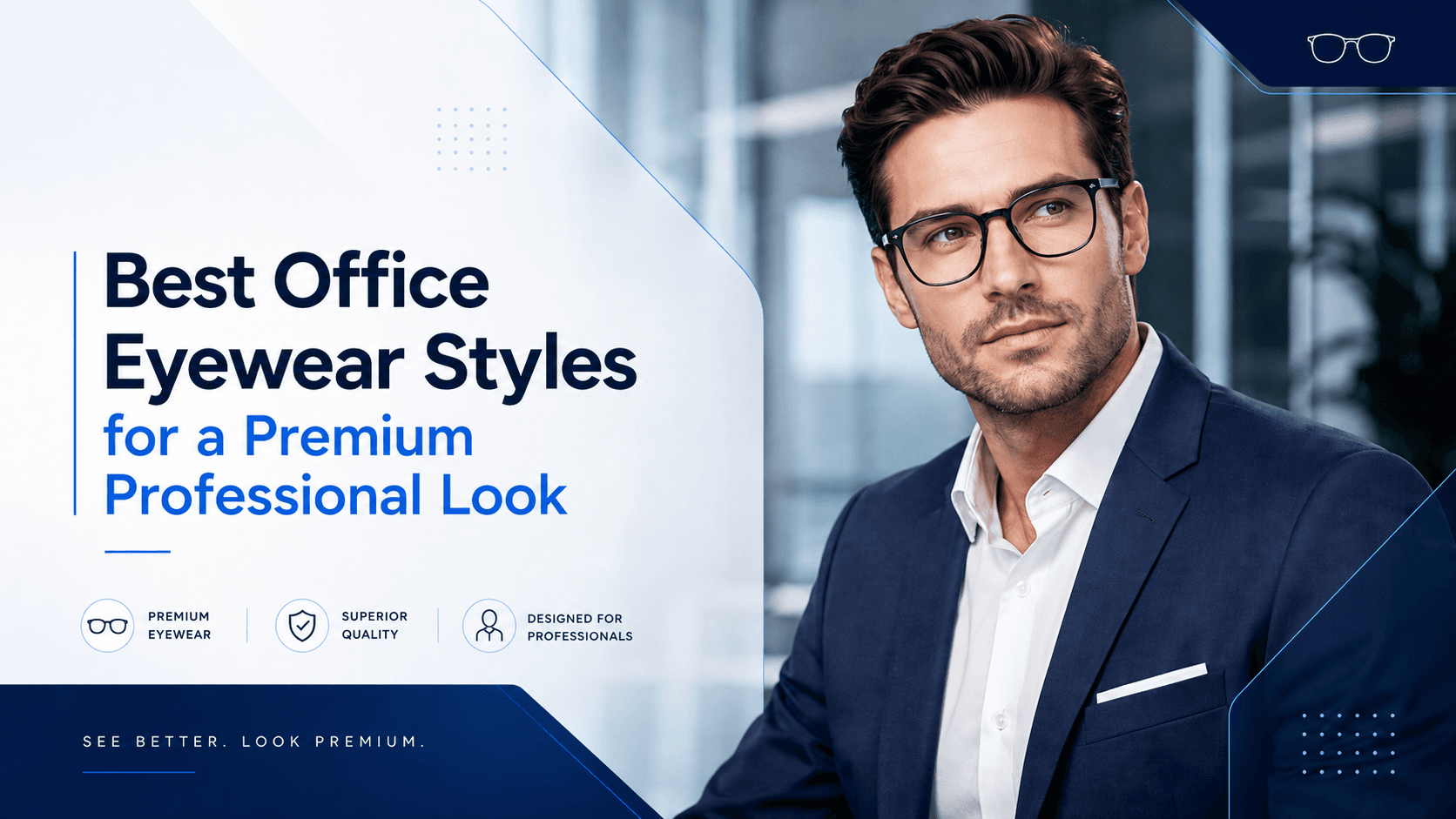 Professional person wearing stylish rectangular eyeglasses in modern office setting