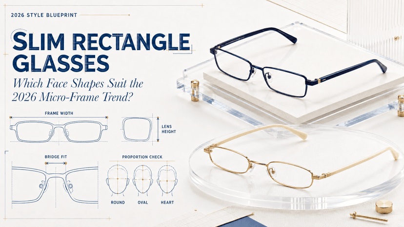 A collection of slim rectangle micro-frame glasses displayed against a minimal background, representing the 2026 eyewear trend