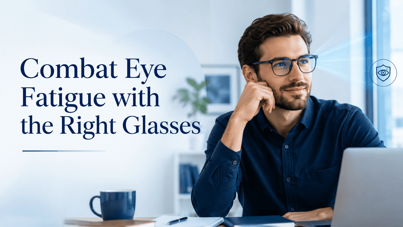 Person wearing blue light blocking glasses while working on computer showing reduced eye strain and comfortable vision