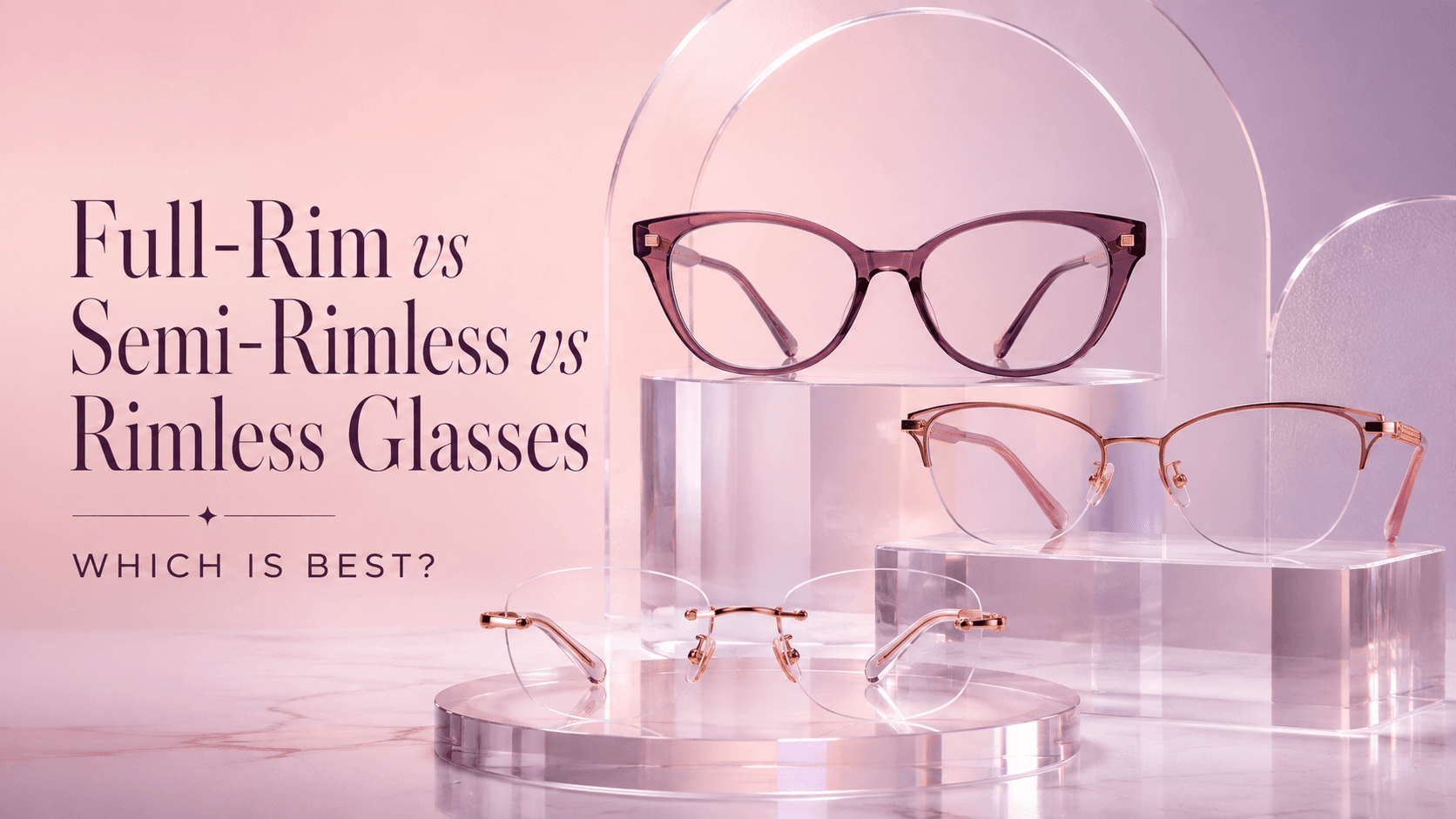 Three pairs of glasses side by side showing full-rim, semi-rimless, and rimless frame styles