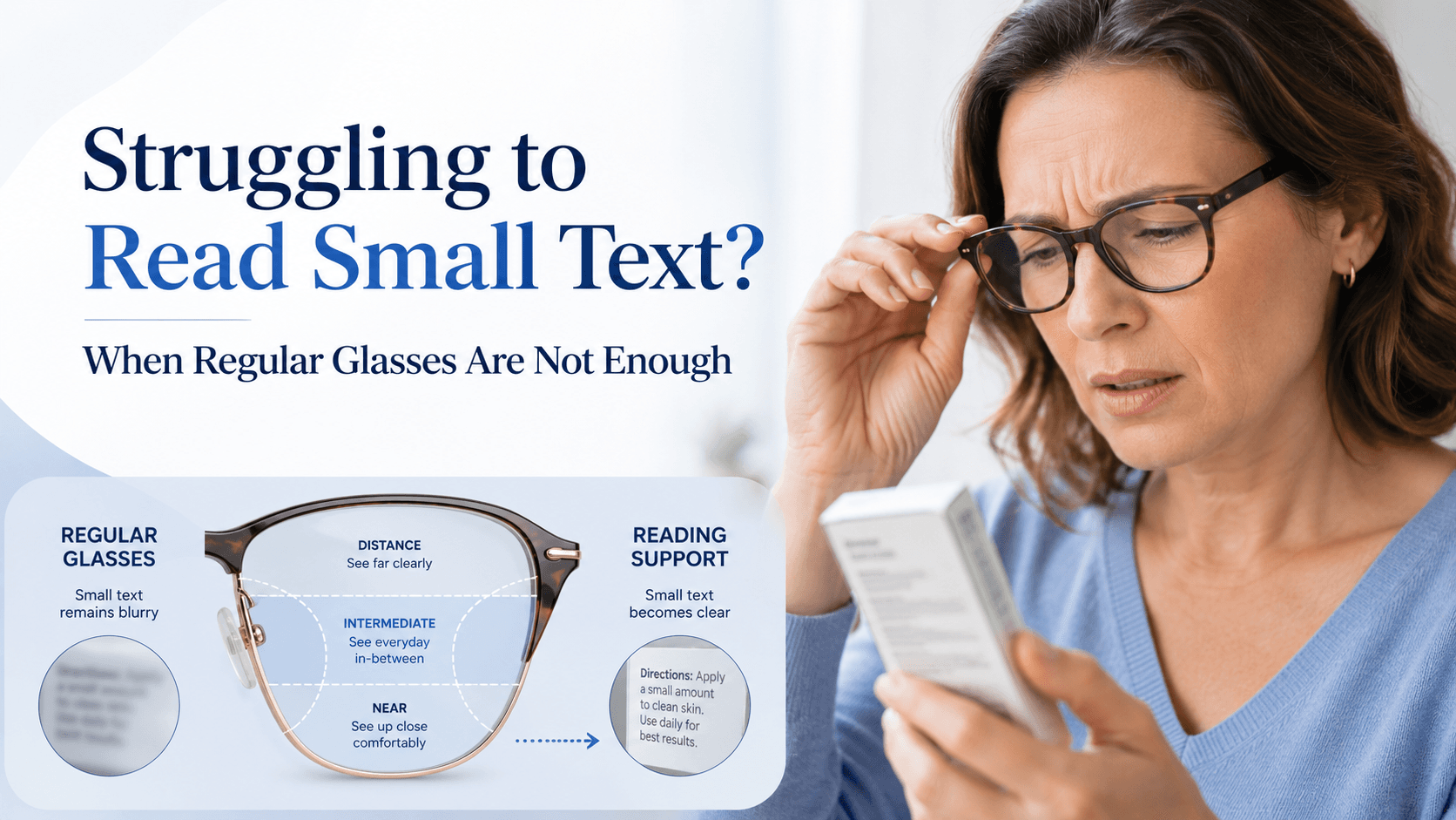 Person holding a book at arm's length struggling to read small text despite wearing glasses
