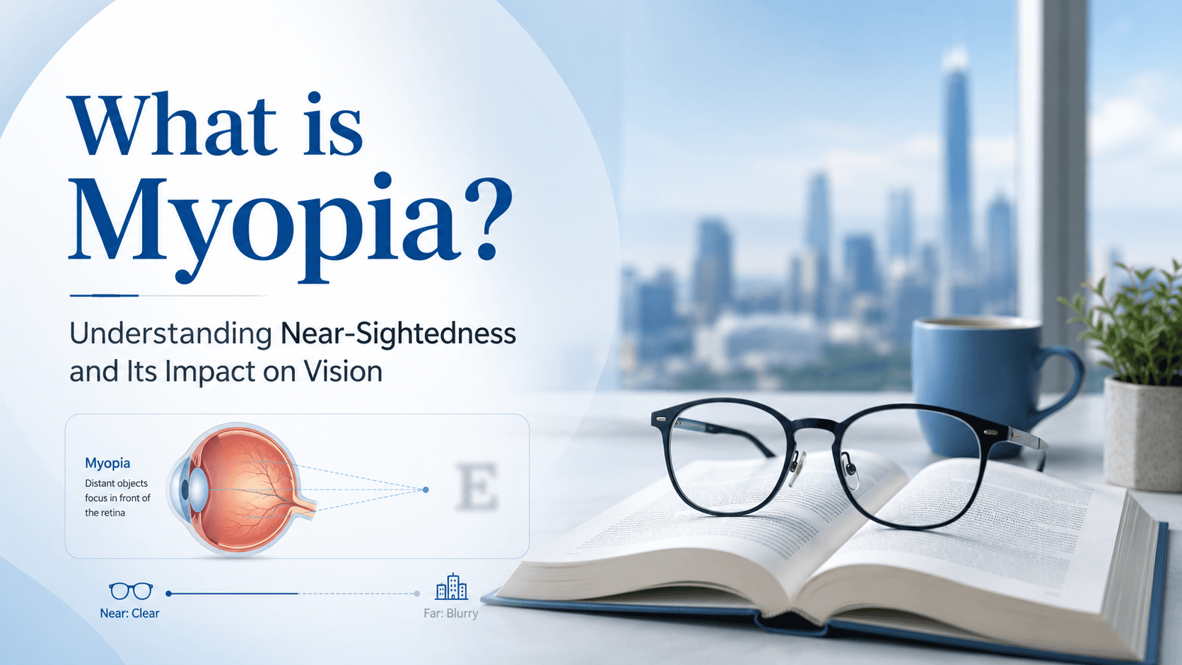 Close-up illustration showing the difference between normal vision and myopic vision with light focusing in front of the retina