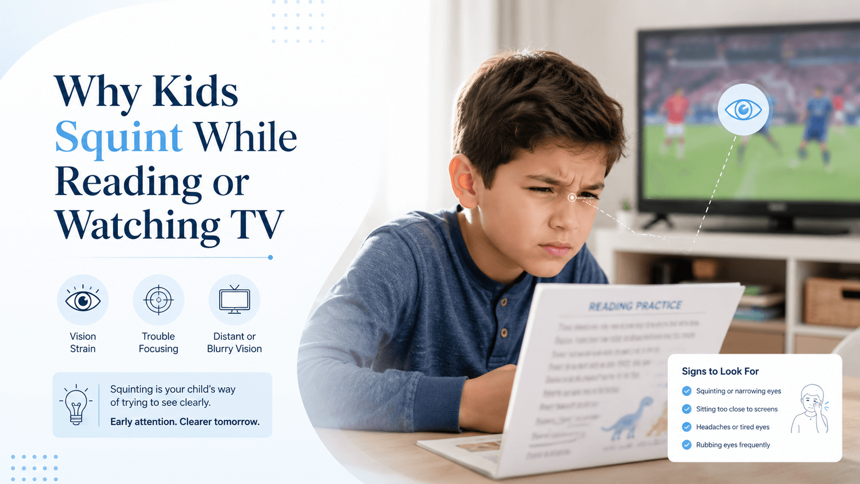 Young child squinting while watching television, suggesting possible myopia or vision problem
