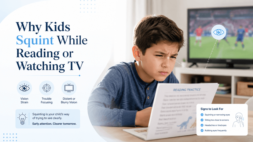 Young child squinting while watching television, suggesting possible myopia or vision problem