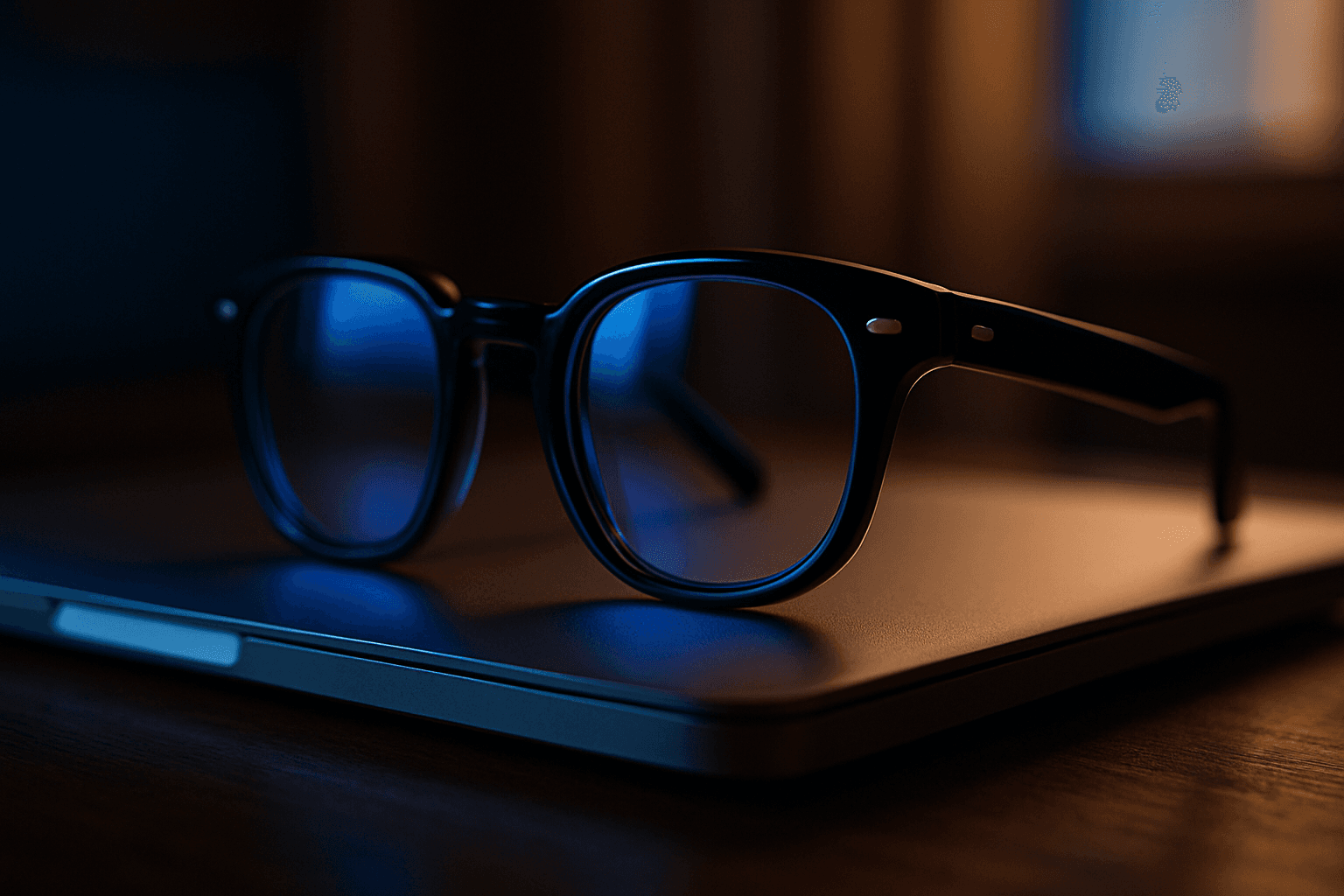 Person wearing blue light filtering glasses while working on computer showing digital eye protection