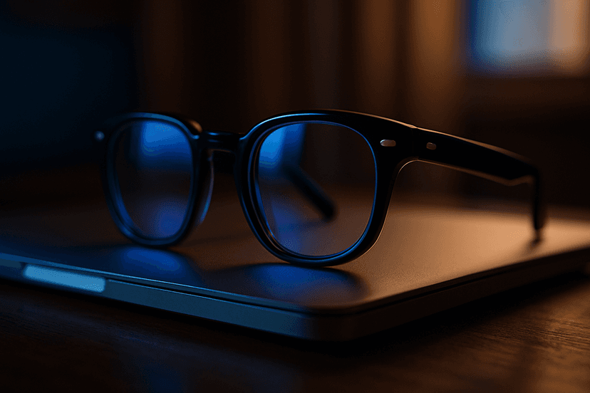 Person wearing blue light filtering glasses while working on computer showing digital eye protection