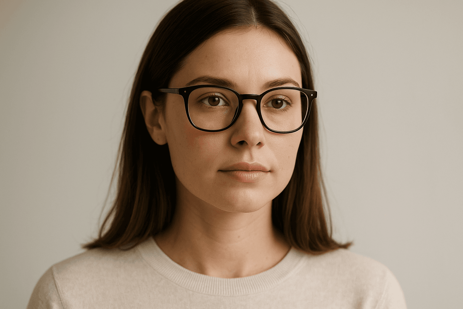 Person trying on different eyeglass frames while looking in mirror to determine best face shape match
