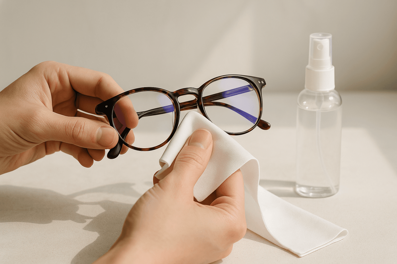 Clean blue-light glasses with microfiber cloth and specialized lens cleaning products