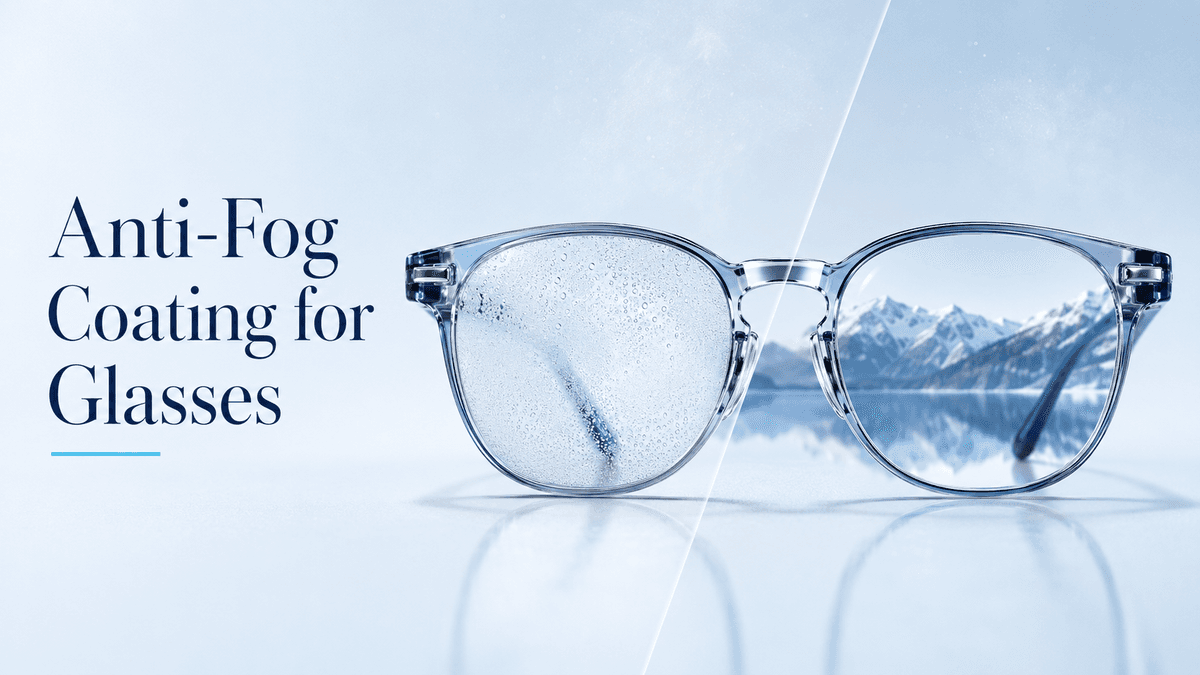 Close-up of clear eyeglass lenses with water droplets beading off an anti-fog coating surface