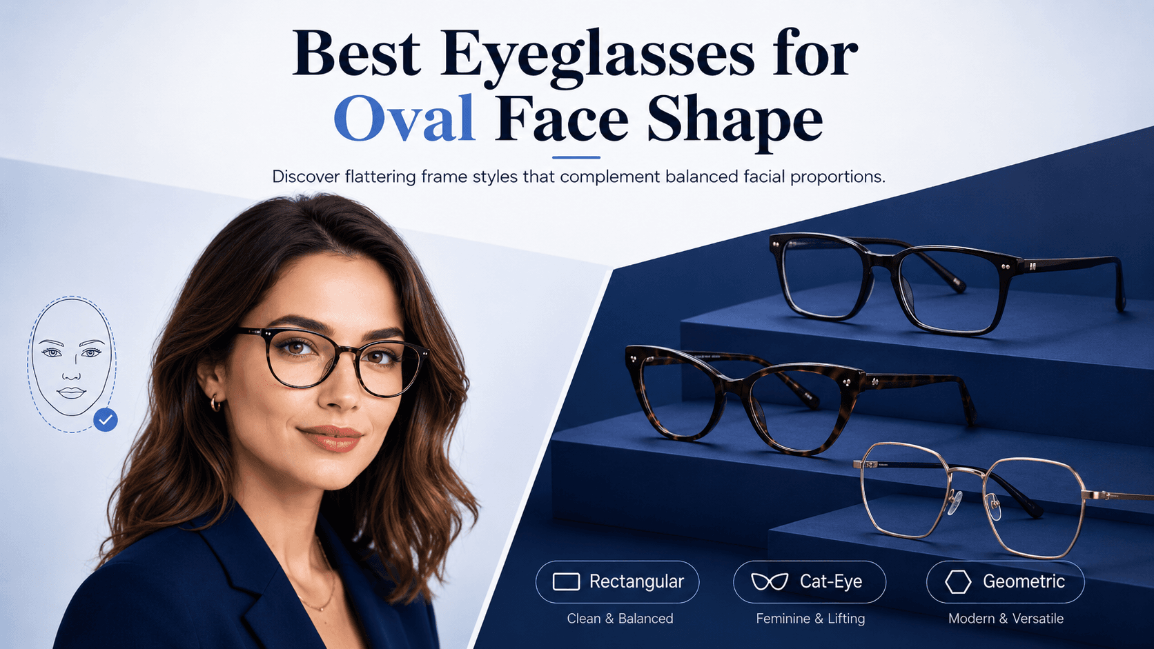 Person with oval face shape wearing rectangular eyeglasses, showcasing balanced proportions