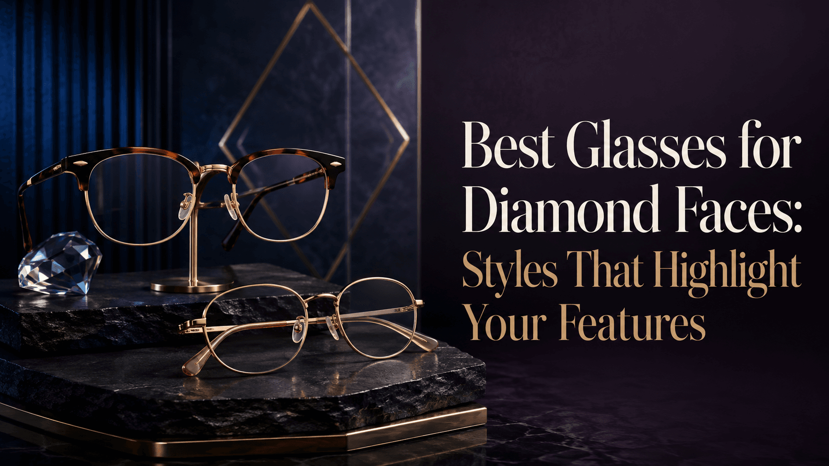 Oval, cat-eye, and browline eyeglasses displayed to suit a diamond face shape