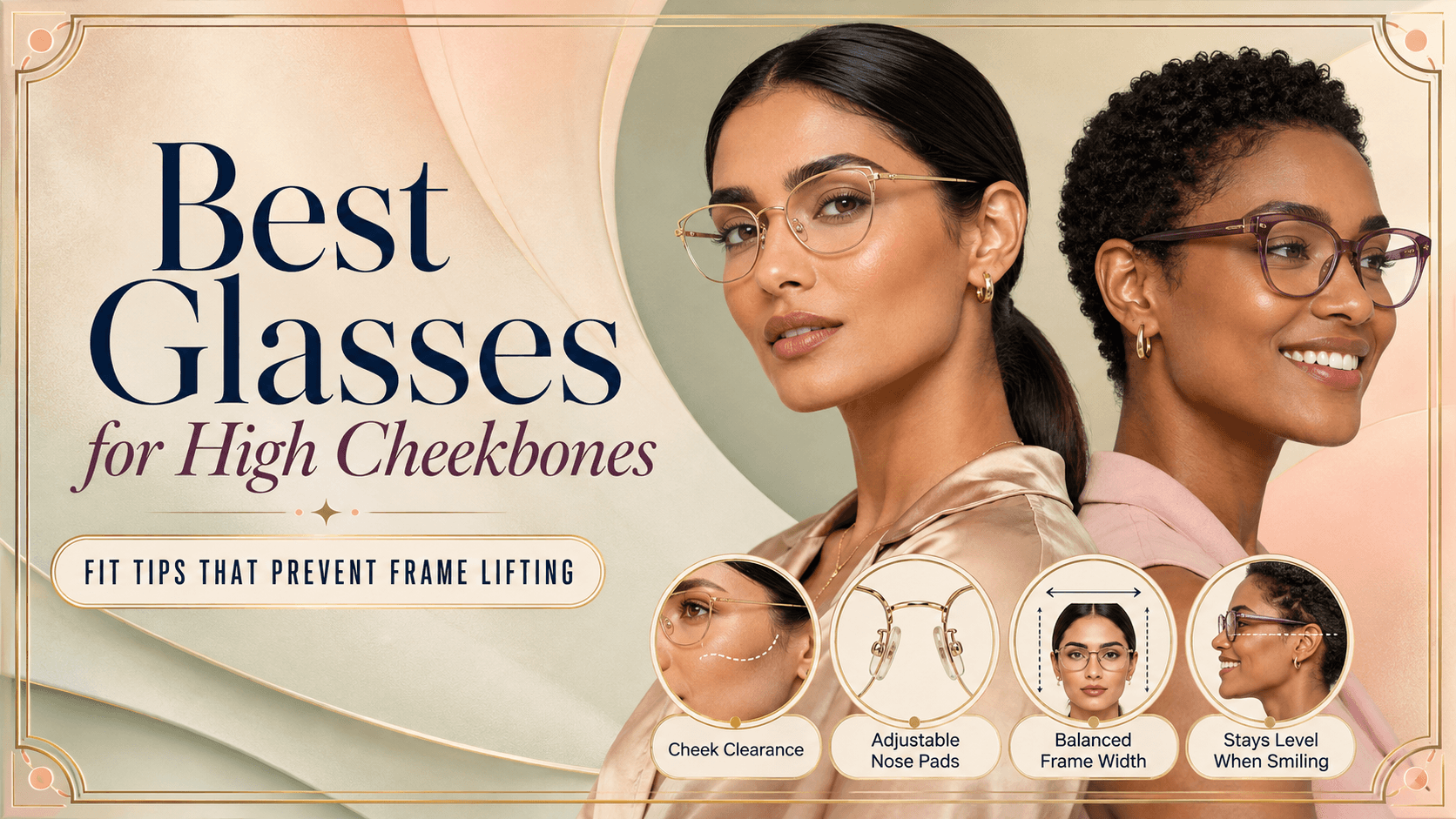 Woman with high cheekbones wearing well-fitted round eyeglasses that sit flush without touching the cheeks