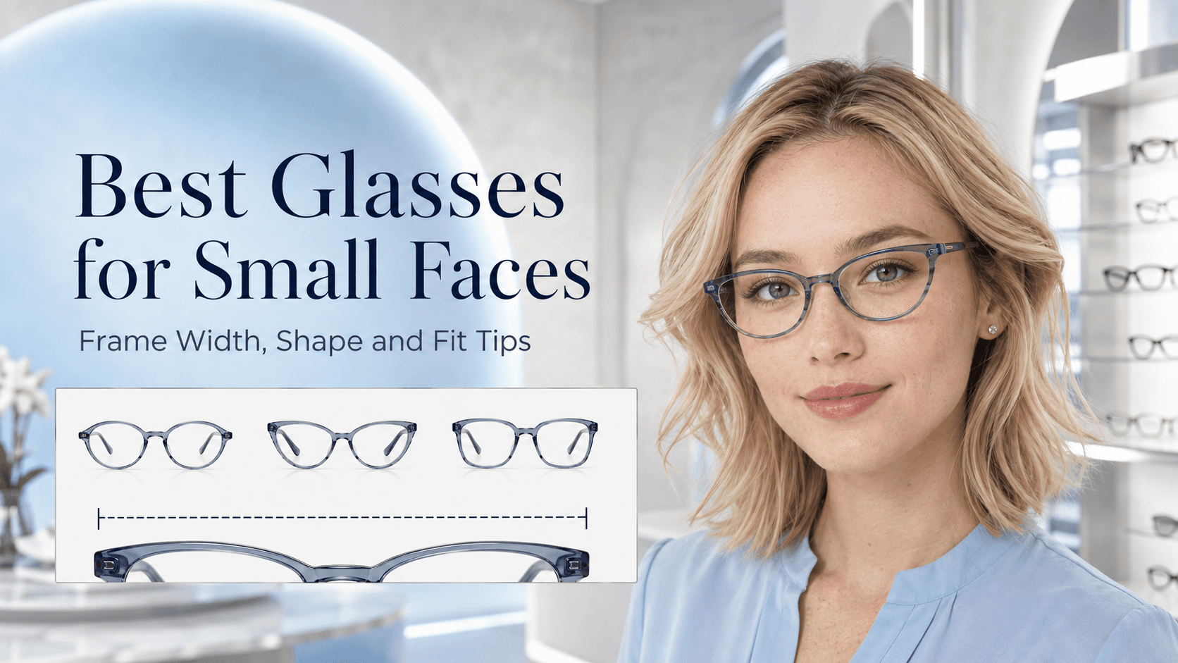 Assortment of narrow round, oval and cat-eye glasses frames ideal for small faces displayed on a light background