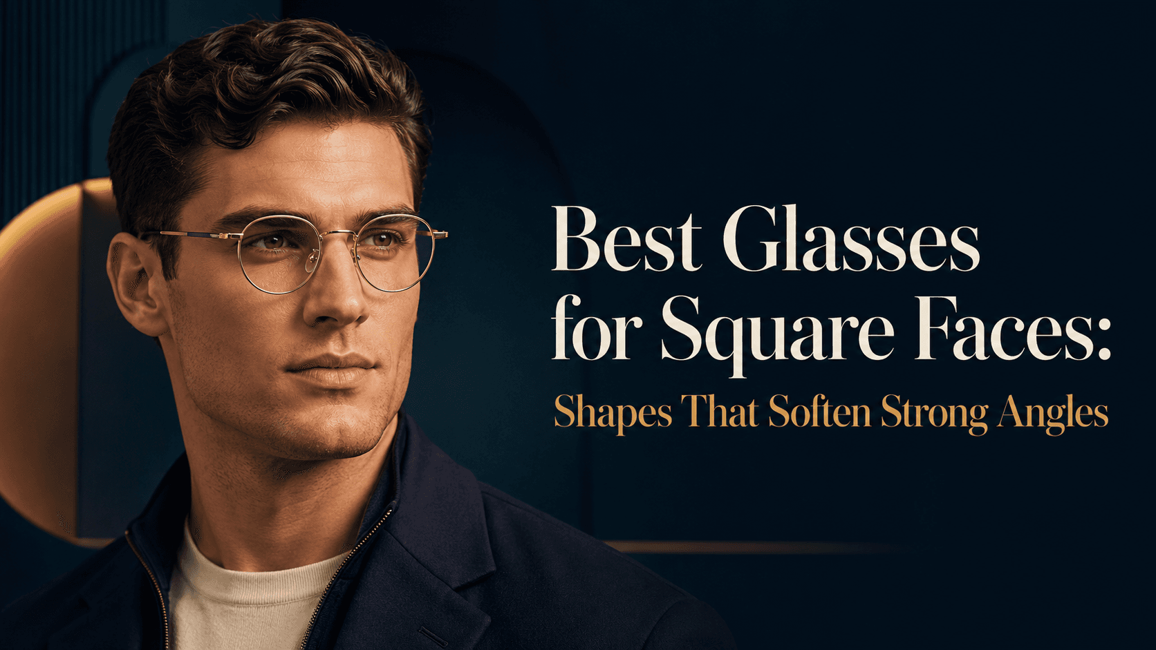 A person with a square face wearing round metal eyeglasses that soften their strong jawline