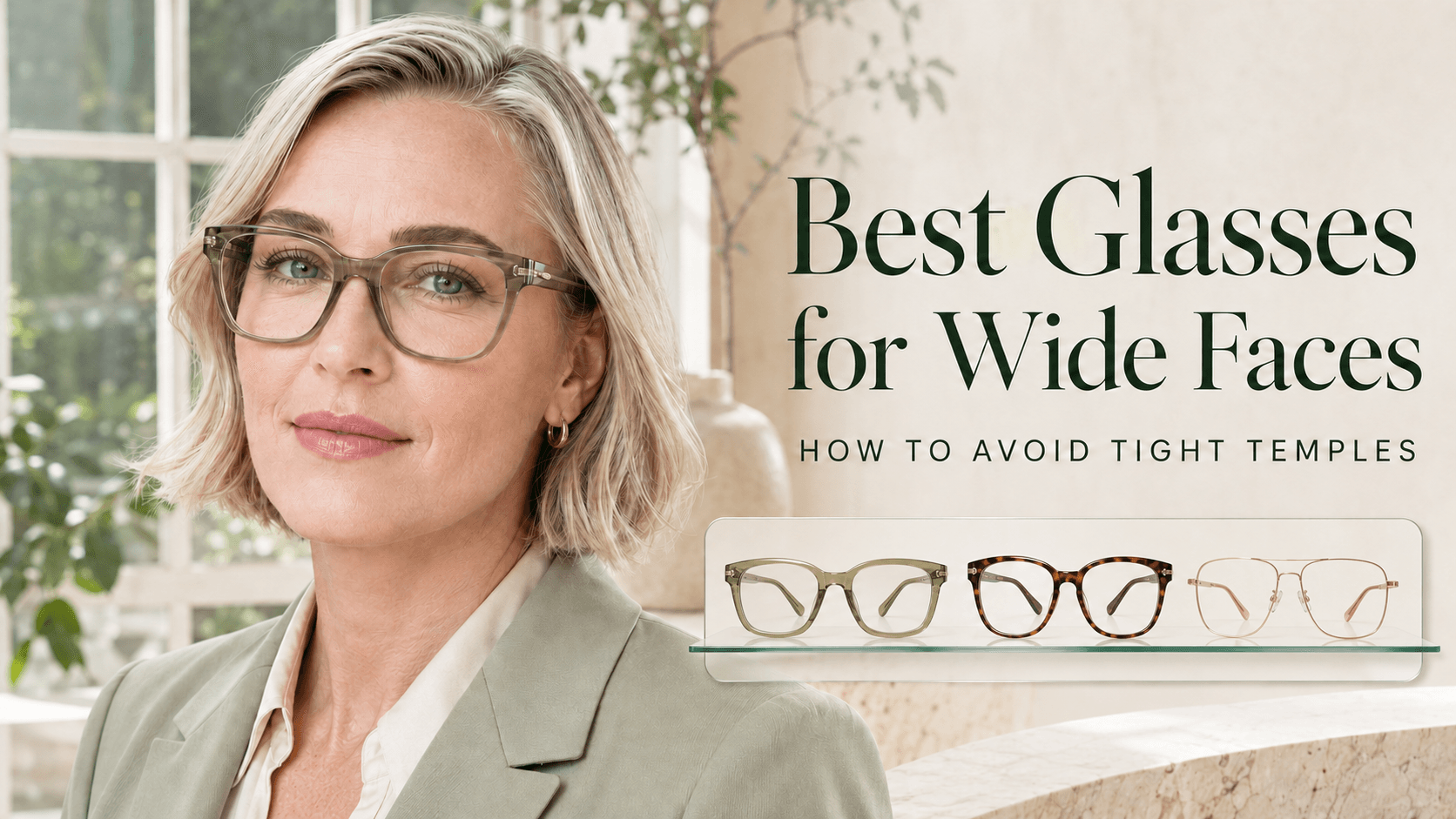 Person with a wide face trying on oversized square glasses frames in an eyewear store