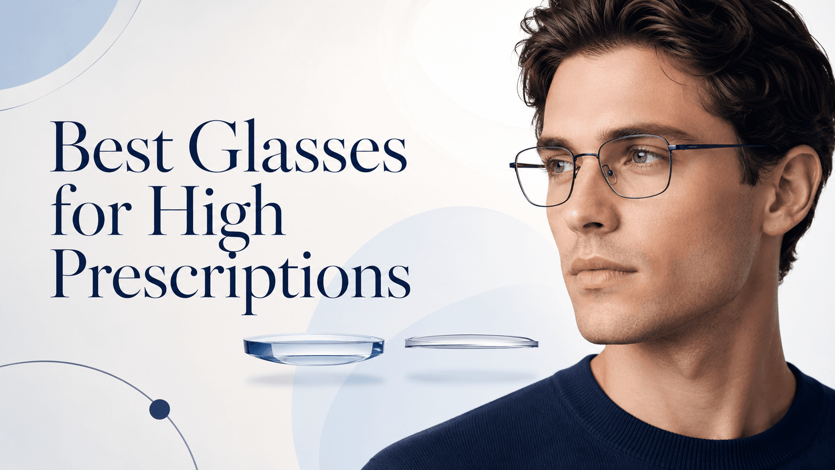 Close-up of thin high-index prescription lenses in a lightweight full-rim frame on a clean white surface