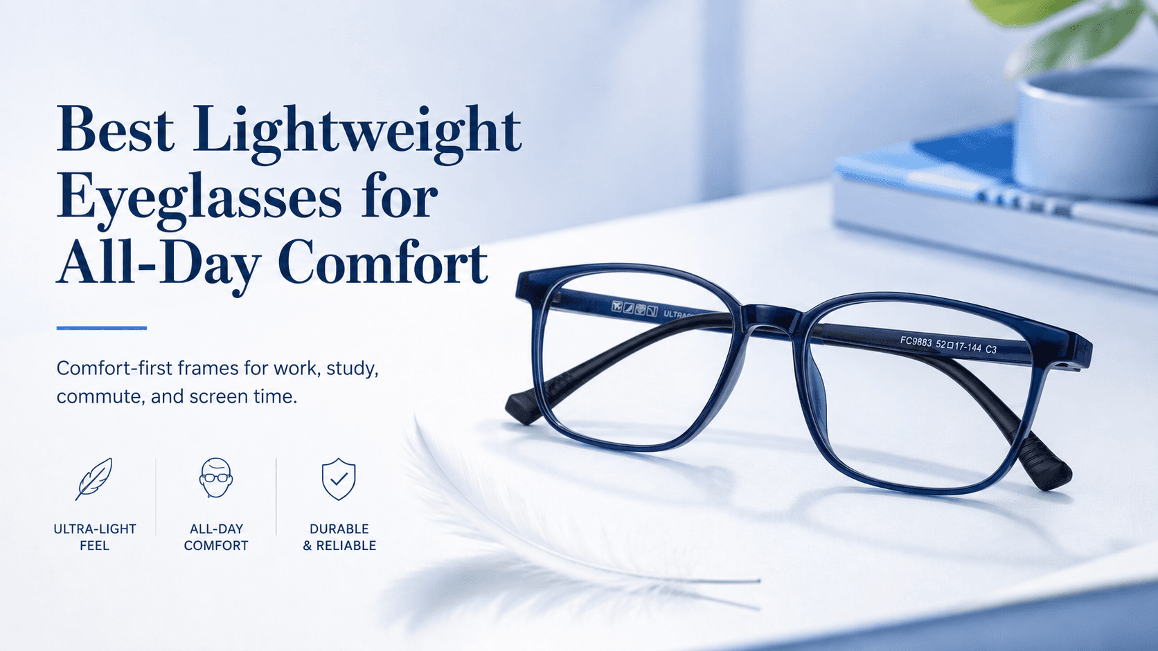 Assortment of lightweight titanium and TR90 eyeglass frames displayed on a white surface