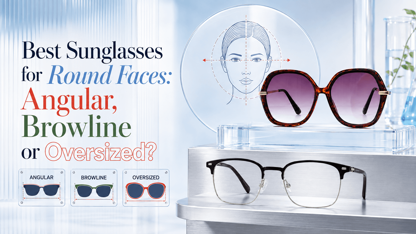 Three sunglass styles — angular, browline, and oversized — displayed side by side against a clean background, ideal for round face shapes