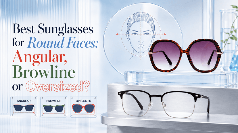 Three sunglass styles — angular, browline, and oversized — displayed side by side against a clean background, ideal for round face shapes