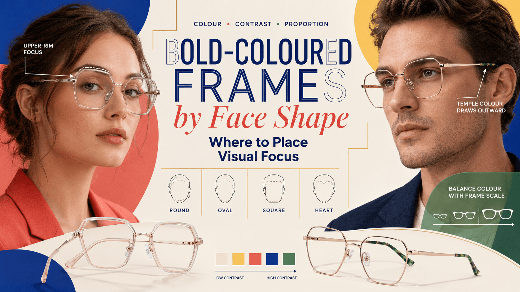 Assortment of bold-coloured eyeglass frames arranged by face shape guide