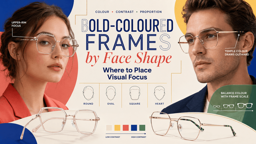 Assortment of bold-coloured eyeglass frames arranged by face shape guide