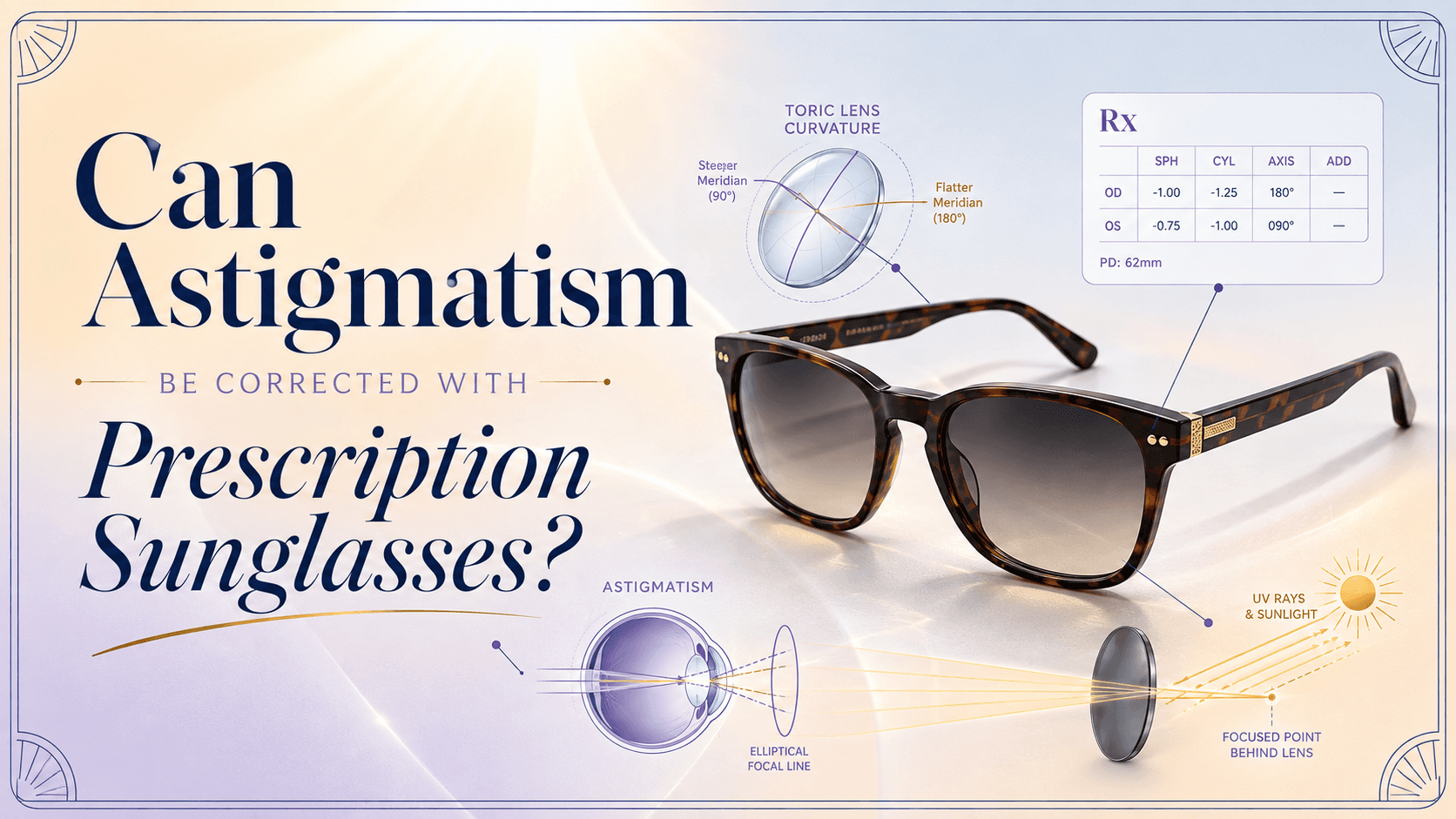 Close-up of toric prescription sunglass lenses with polarised coating for astigmatism correction